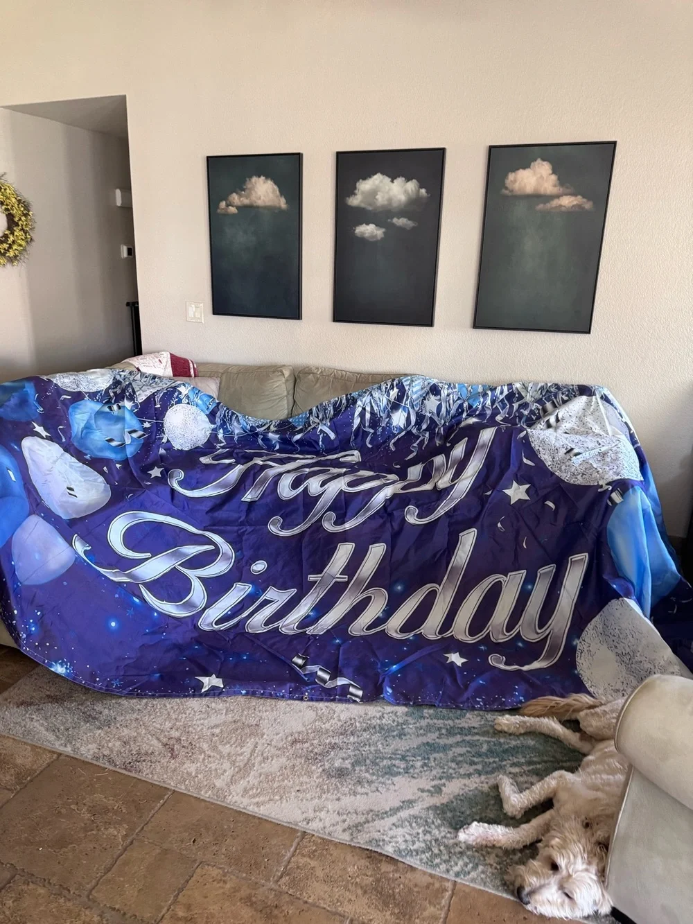 Giant Happy Birthday Banner/ Blue Sliver /Indoor Outdoor 83